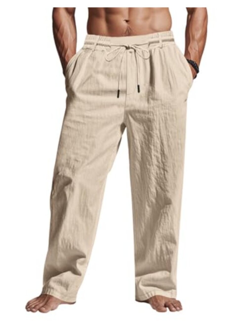 Men's Linen Pants Lightweight Drawstring Elastic Waist Loose Fit Summer Beach